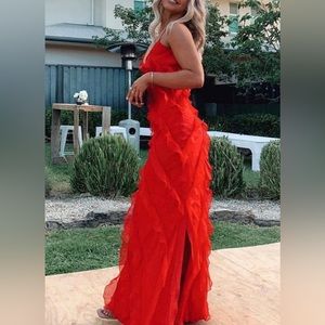 Long formal ruffle red chiffon spaghetti strap low back dress